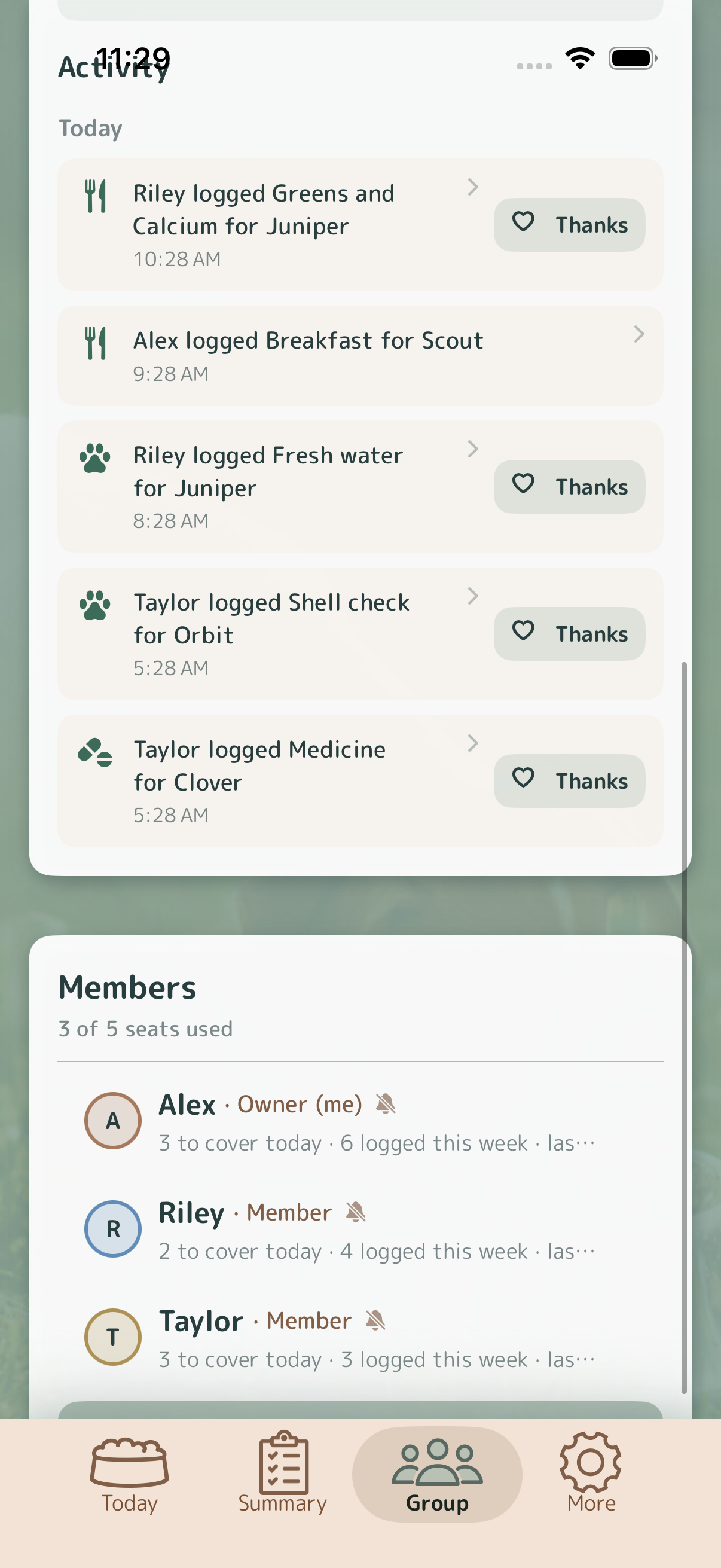 Meal Time Group Hub showing a household activity feed with care updates, thank-you buttons, and members.