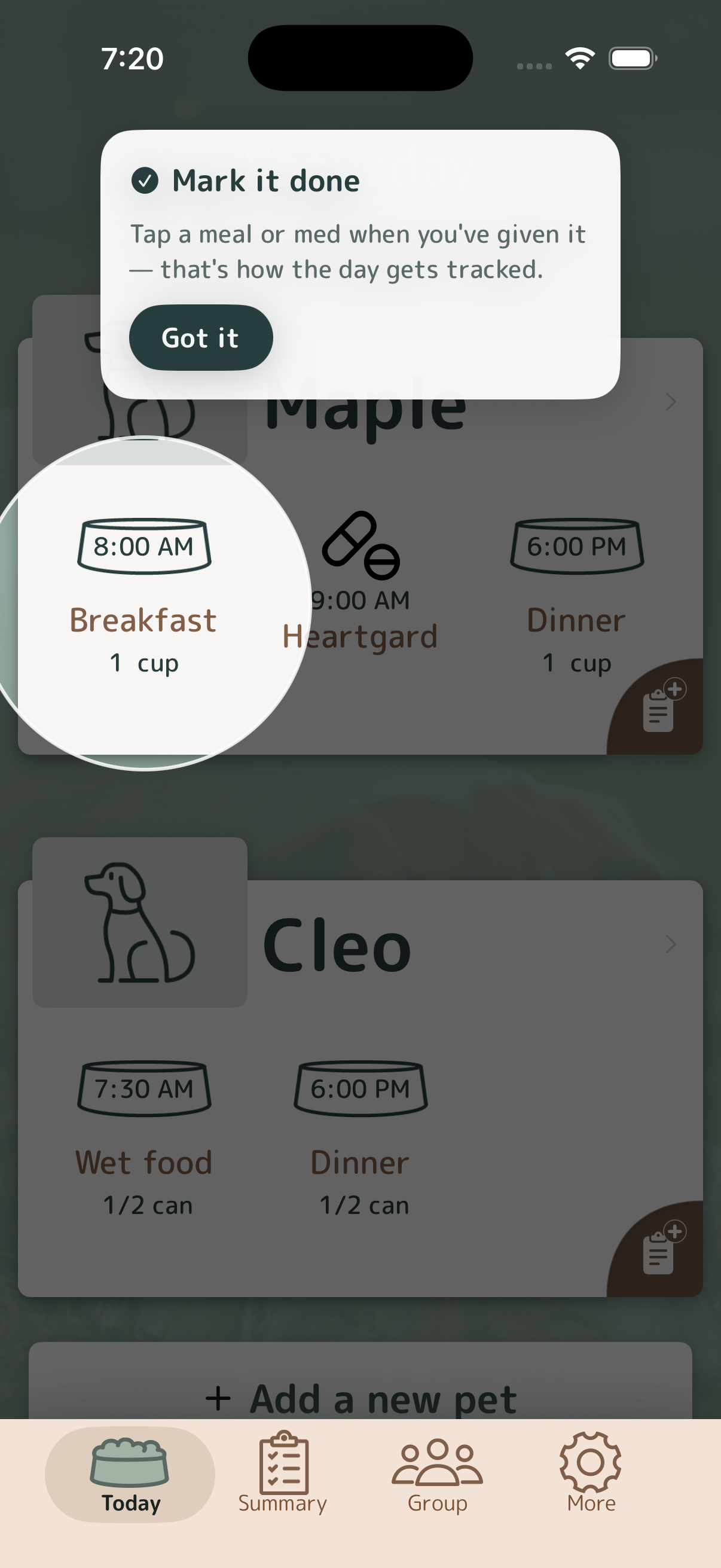 Meal Time app walkthrough showing how to mark a meal or medicine as done.
