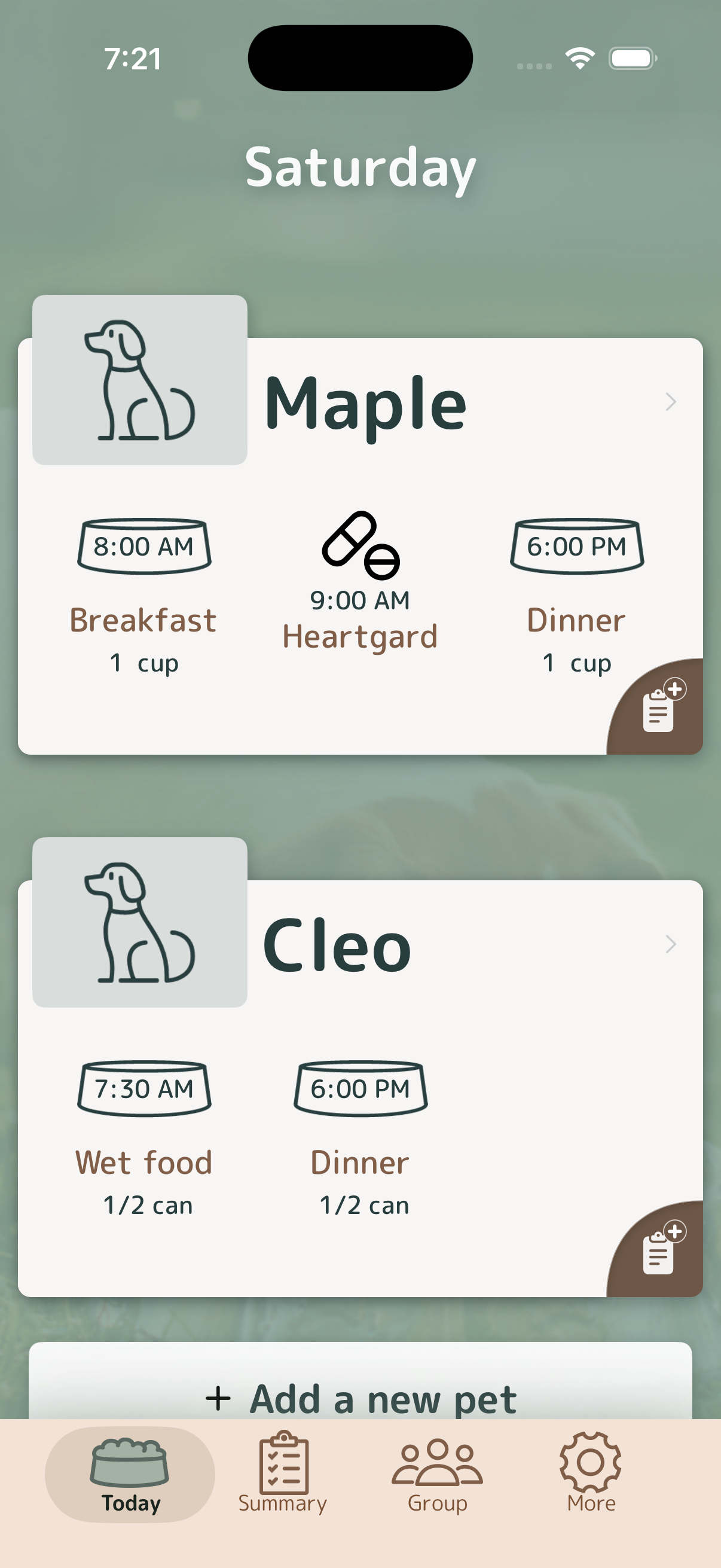 Meal Time For Pets app showing pet meals and medication on the Today screen.